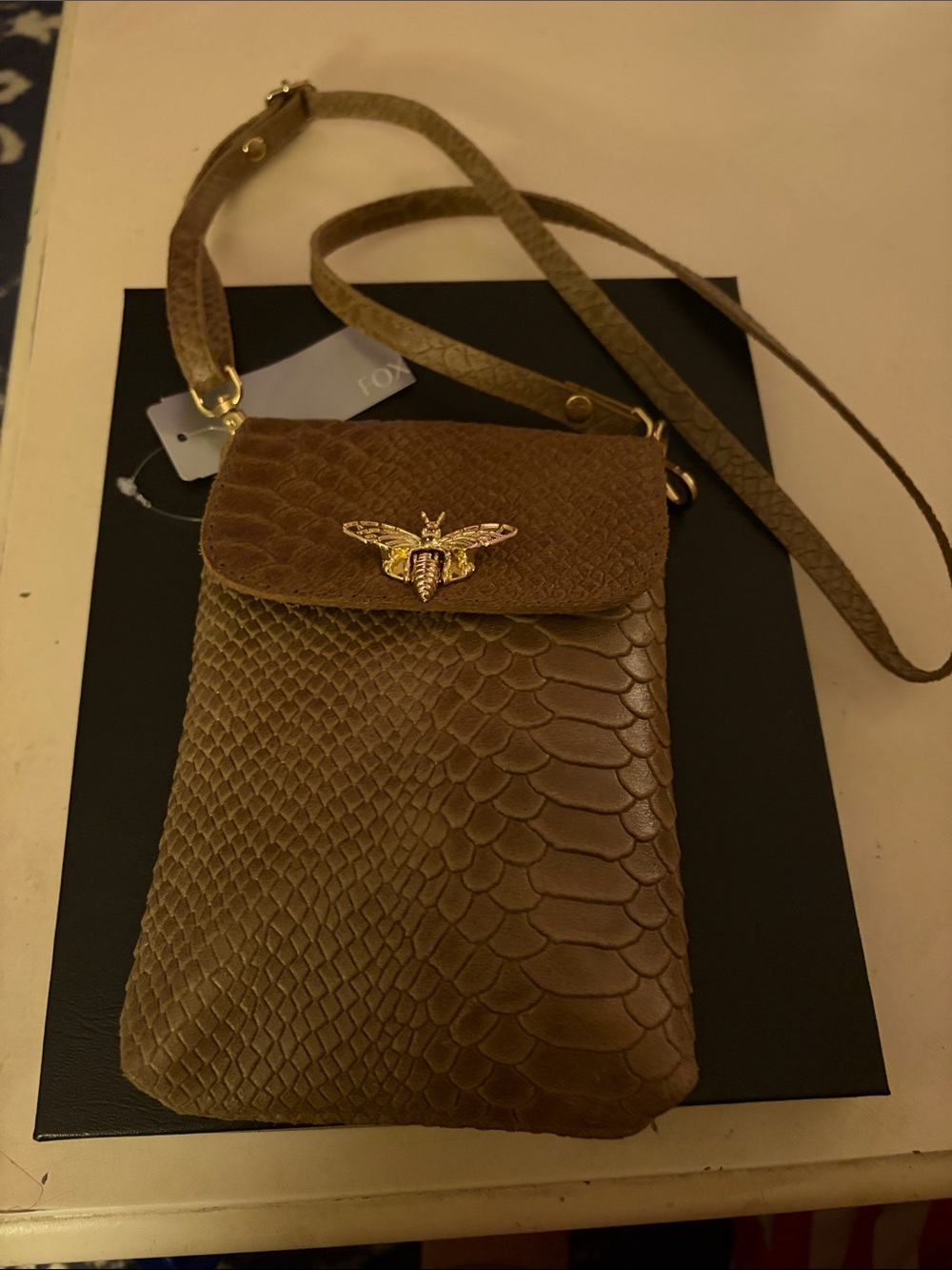 Women's Taupe Croco Crossbody Bag with Gold Bee Accent